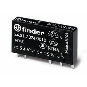 Finder 34.51.7.012.5010 Slim PCB electromechanical relay - Flux proof (RTII) - Finder (34 series) - Control coil voltage 12Vdc - 1 pole (1P) - 1C/O / SPDT (Single Pole Double Throw) contact - Rated current 6A (250Vac; AC-1) / 3A (30Vdc; DC-1) - Rated switching power 250VA (230Va