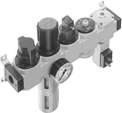 Festo 192460 service unit LFR-1/2-D-DI-MAXI-KG-A consisting of manual on/off valve,  filter regulator, on/off valve with solenoid coil 24 V DC, without socket,, pressure build-up valve and distributor module, without socket, with mounting brackets. With automatic cond