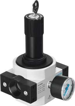 Festo 194626 pressure regulator LRS-1/4-D-MIDI With lockable regulator head, working pressure up to 12 bar. Size: Midi, Series: D, Actuator lock: Rotary knob with integrated lock, Assembly position: Any, Design structure: directly-controlled diaphragm regulator