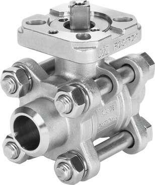 Festo 1686689 ball valve VZBA-1"-WW-63-T-22-F0405-V4V4T 2/2-way, flange hole pattern F0405, welded end. Design structure: 2-way ball valve, Type of actuation: mechanical, Sealing principle: soft, Assembly position: Any, Mounting type: Line installation