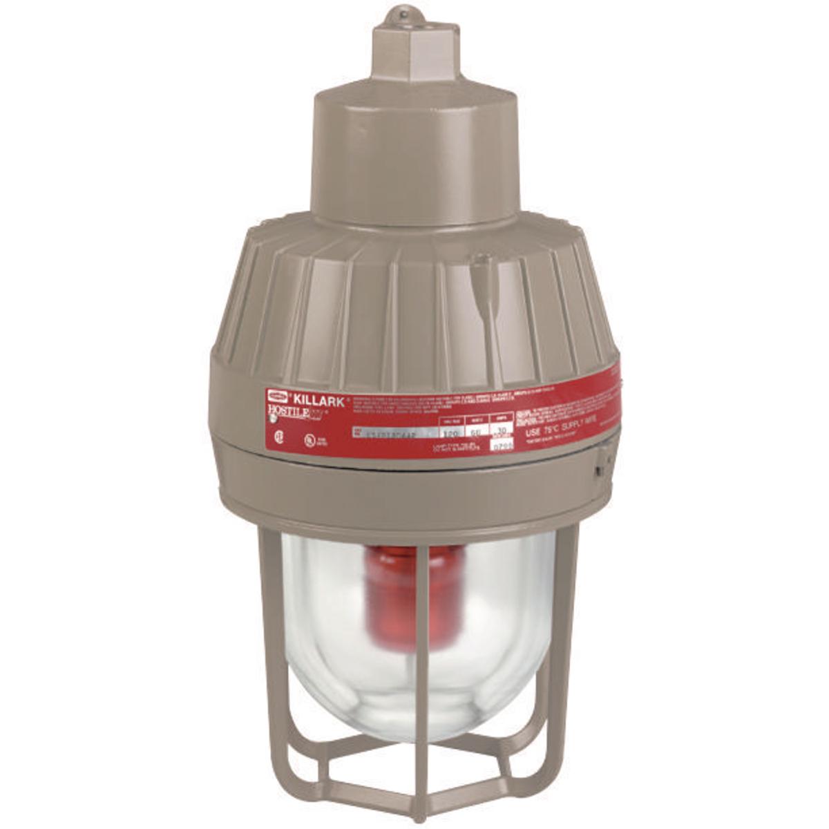 Hubbell ESXR120AA2 120V Red Strobe, 3/4" Pendant  ; Electronic component temperature range –40˚C to +55˚C ; NEC temperature code, T6 ( ; Flash rate–85 flashes per minute ; Xenon type lamp ; Voltage and amperage: 12-74 VDC: Draws 1.25A avg. @ 12 VDC tapering to 0.2A avg. @ 7