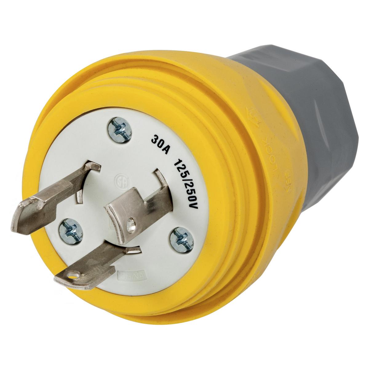 Hubbell HBL28W08 Watertight Devices, Twist-Lock® Plug, 30A, 125/250V AC, 3 Pole, 3 Wire, Thermoplastic elastomer, NON-NEMA, Yellow  ; Smooth body design minimizes collection points simplifying the wash down process ; Strain relief nut always seals on the body, minimizing 