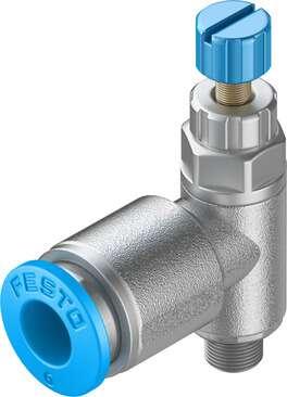 Festo 197578 one-way flow control valve GRLA-M5-QS-6-RS-D With knurled screw and lock nut Valve function: One-way flow control function for exhaust air, Pneumatic connection, port  1: QS-6, Pneumatic connection, port  2: M5, Adjusting element: Knurled screw, Mounting 