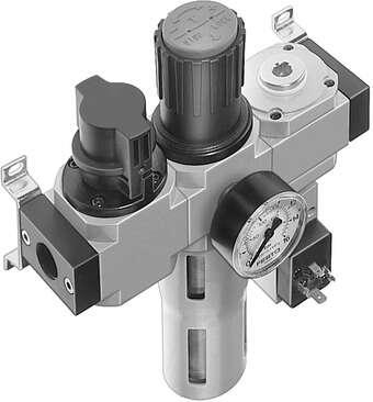 Festo 186049 service unit LFR-1/2-D-MAXI-KF consisting of manual on/off valve, filter regulator, distributor module and pressure switch, without socket, with mounting brackets. With manual condensate drain. Size: Maxi, Series: D, Actuator lock: Rotary knob with lock, 