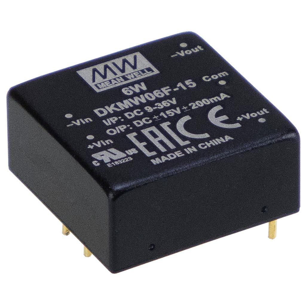 MEAN WELL DKMW06G-15 DC-DC Converter PCB mount; Ultrawide input 18-75Vdc; Dual Output +-15Vdc at +-0.2A; DIP Through hole package; 1" x 1" compact size