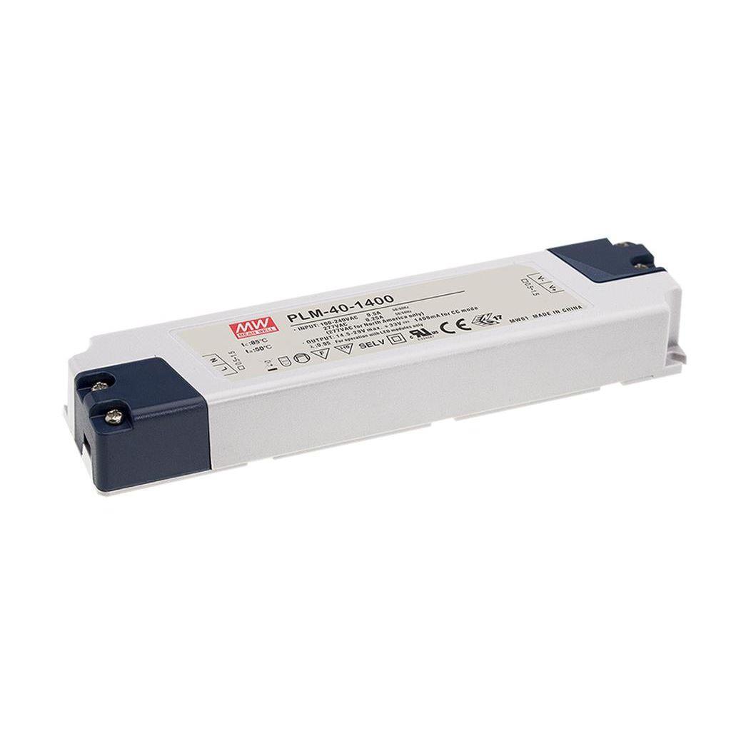 MEAN WELL PLM-40-700 AC-DC Single output LED driver Constant Current (CC); Input range 110-295VAC; Output 0.7A at 29-57Vdc; Class II; push terminal block connectors at input and output; PLM-40-700 is succeeded by IDLC-45-700.