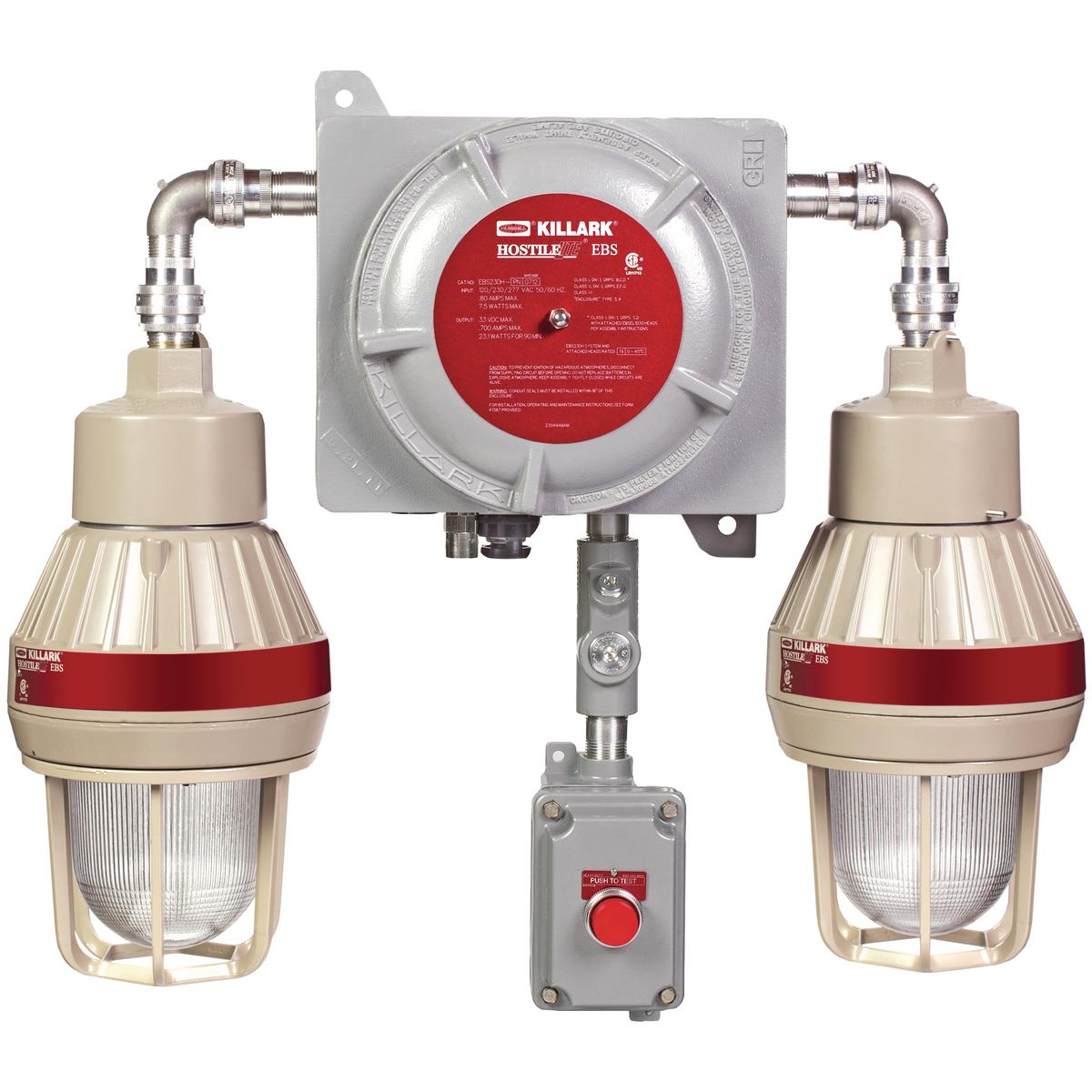 Hubbell EBS23DH-RNBG The EBS Series Explosion Proof LED Emergency Battery Backup System is designed for egress or anti-panic applications. This fixture is made with a cast copper-free aluminum housing and fixture heads that are powder epoxy powder coat painted for extra corro