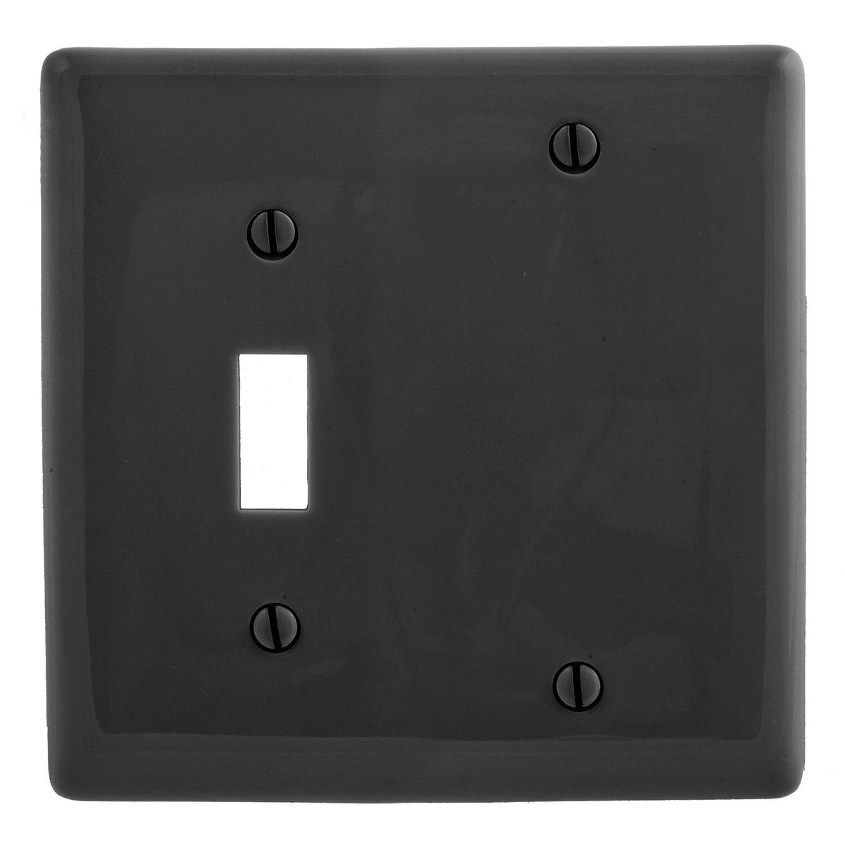 Hubbell NP113BK Wallplates, Nylon, 2-Gang, 1) Toggle, 1) Blank, Black  ; Reinforcement ribs for extra strength ; High-impact, self-extinguishing nylon material ; Captive screw feature holds mounting screw in place ; Standard Size is 1/8" larger to give you extra coverage