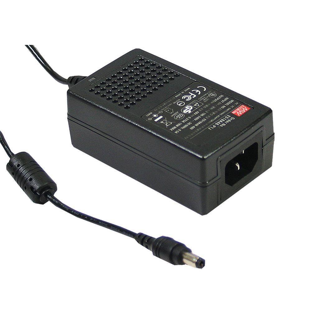 MEAN WELL GS18A09-P1J AC-DC Industrial desktop adaptor with 3 pin IEC320-C14 input socket; Output 9VDC at 2A with P1J tuning fork plug OD 5.5mm; ID 2.1mm; Length 11mm; Class I; GS18A09-P1J is succeeded by GST18A09-P1J.