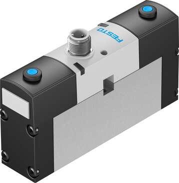 Festo 534533 solenoid valve VSVA-B-T32U-AH-A1-1R2L with central plug, round design M8x1. Valve function: 2x3/2 open, monostable, Type of actuation: electrical, Width: 26 mm, Operating pressure: 3 - 8 bar, Design structure: Piston slide