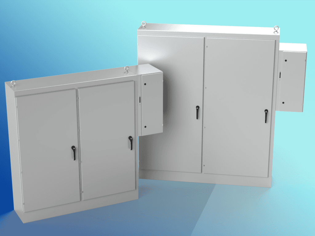 Saginaw Control SCE-84XD7818G 2DR XD Enclosure, Height:84.00", Width:77.75", Depth:18.00", ANSI-61 gray powder coating inside and out. Sub-panels are powder coated white.