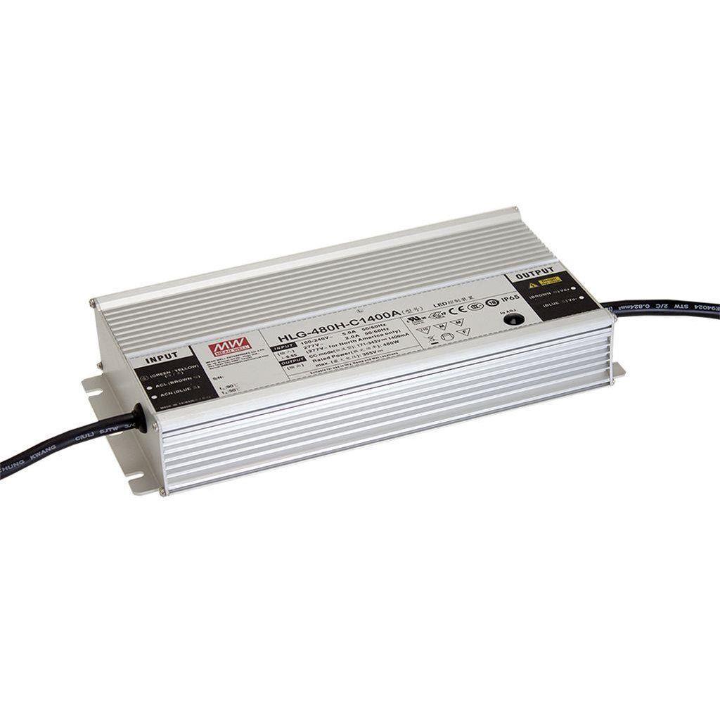 MEAN WELL HLG-480H-C1750D2 AC-DC Single output LED driver Constant Current (CC) with built-in PFC; Output 340VDC at 1.75A; IP67; Cable output; Timer dimming