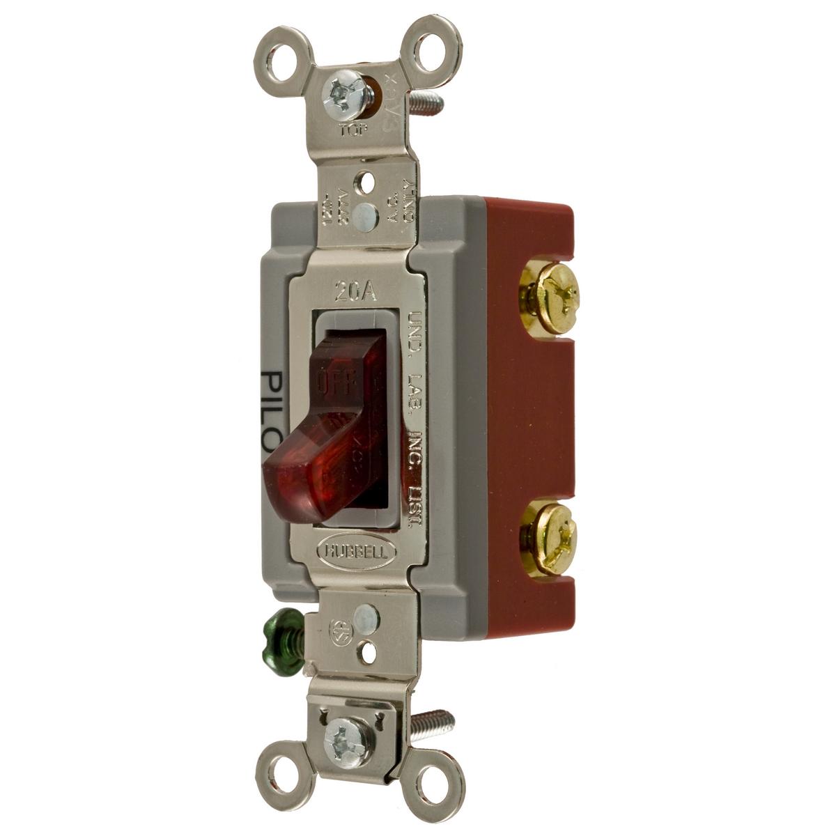 Hubbell HBL1221PL Switches and Lighting Controls, Industrial Grade, Pilot Light Toggle Switches, General Purpose AC, Single Pole, 20A 120/277V AC, Back and Side Wired, Red Toggle  ; Large brass binding head screws with deep slots ; Abuse resistant nylon toggle ; Strip gaug