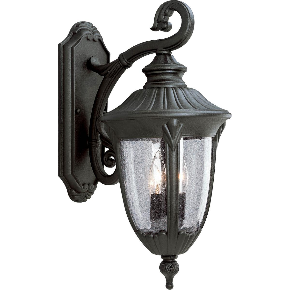Hubbell P5822-31 The Meridian Collection features decorative shepherd hooks and acanthus cast arms. Clear, seed glass urns finishes off the distinctive and stately feeling of old world elegance. The two-light cast aluminum medium wall lantern has a durable Textured Black 