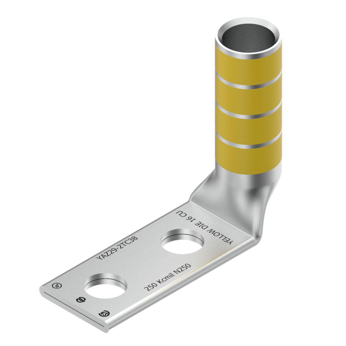 Hubbell YAZ292TC3890 250 kcmil CU, Two Hole, 3/8 Stud Size, 1 Hole Spacing, Long Barrel, Inspection Window Internal Chamfer, Tin Plated, UL/CSA, 90°C, Up to 35kV, Yellow Color Code, 16 Die Index. 