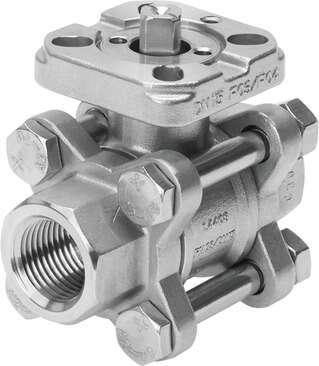 Festo 1686625 ball valve VZBA-1/4"-GG-63-T-22-F0304-V4V4T 2/2-way, flange hole pattern F0304, thread EN 10226-1. Design structure: 2-way ball valve, Type of actuation: mechanical, Sealing principle: soft, Assembly position: Any, Mounting type: Line installation