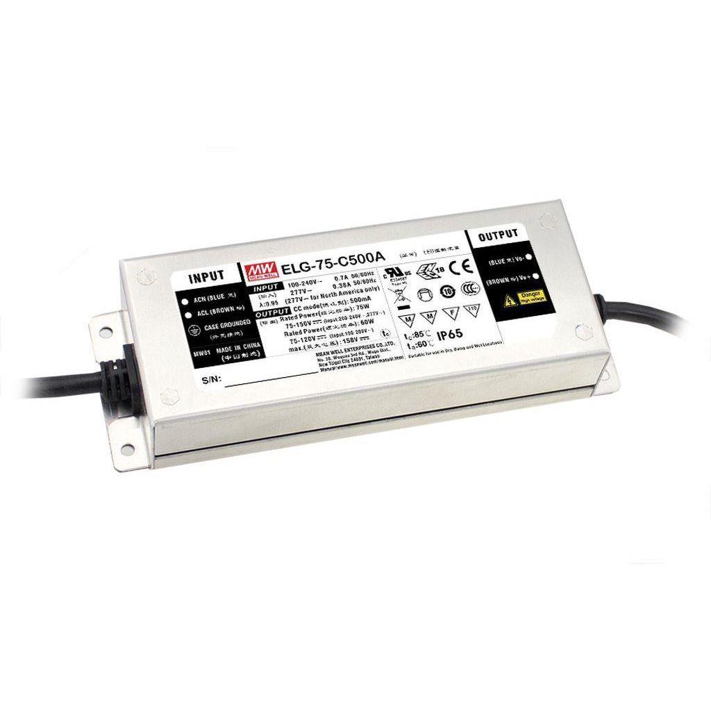 MEAN WELL ELG-75-C500B AC-DC Single output LED Driver (CC) with PFC; Output 150Vdc at 0.5A; cable output; Dimming  0-10Vdc PWM resistance
