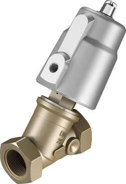 Festo 3535825 angle seat valve VZXF-L-M22C-M-B-G112-350-M1-H3ALT-80-8 Pneumatically actuated angle seat valve in red brass. Under seat version, safety position closed, G thread, nominal width 1 1/2". Design structure: Poppet valve with piston actuator, Type of actuatio