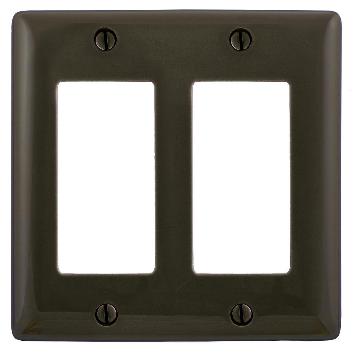 Hubbell NP262 Wallplates and Box Covers, Wallplate, Nylon, 2-Gang, 2) Decorator, Brown  ; Reinforcement ribs for extra strength ; Captive screw feature holds mounting screw in place ; High-impact, self-extinguishing nylon material ; Standard Size is 1/8" larger to give
