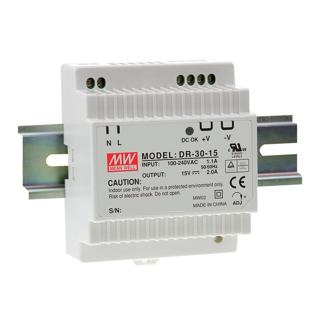 MEAN WELL DR-30-15 AC-DC Industrial DIN rail power supply; Output 15Vdc at 2A; plastic T-shape case; DR-30-15 is succeeded by HDR-30-15.