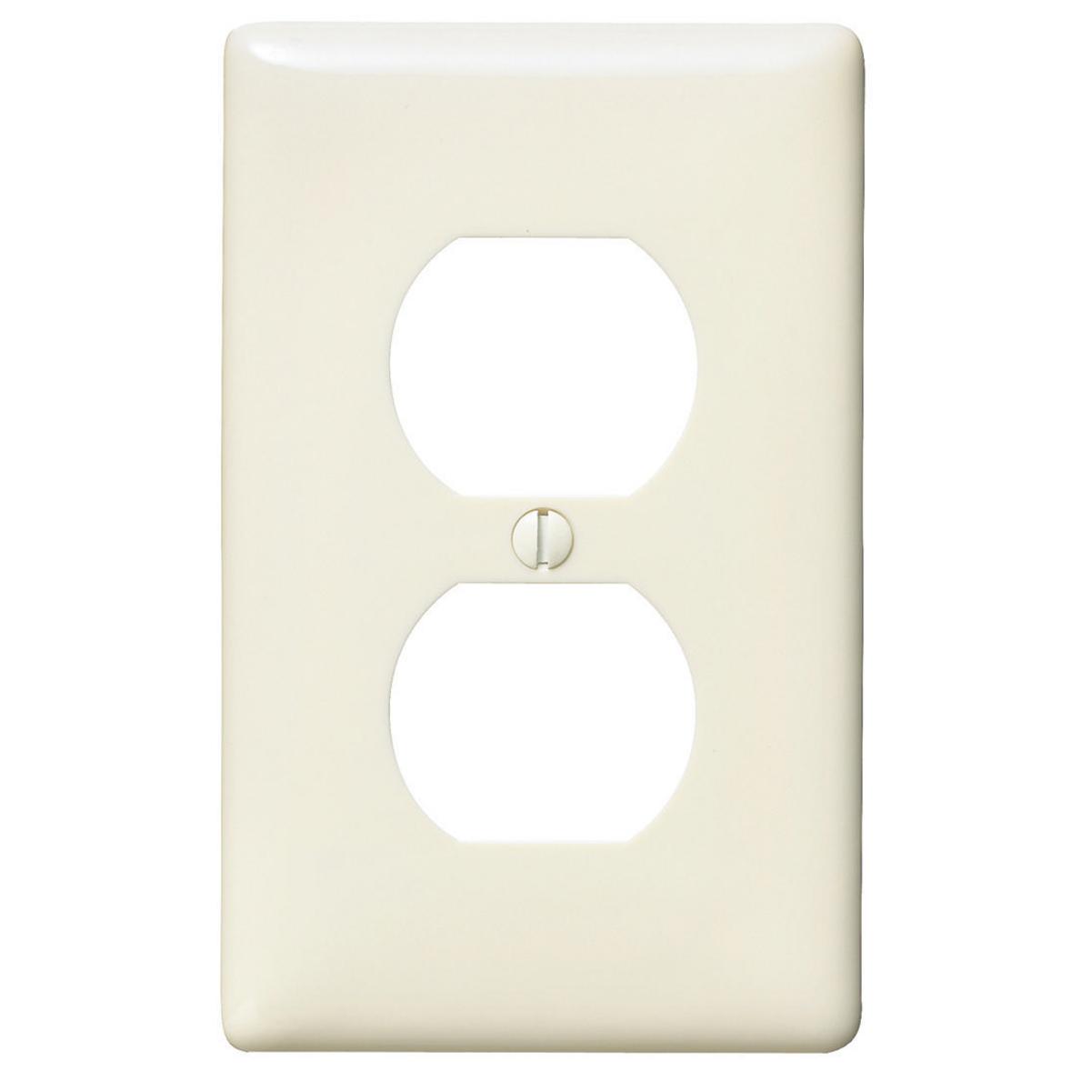 Hubbell NPJ8LA Wallplates and Box Covers, Wallplate, Nylon, Mid-Sized, 1-Gang, 1) Duplex, Light Almond  ; Reinforcement ribs for extra strength ; Captive screw feature holds mounting screw in place ; High-impact, self-extinguishing nylon material ; Standard Size is 1/8"