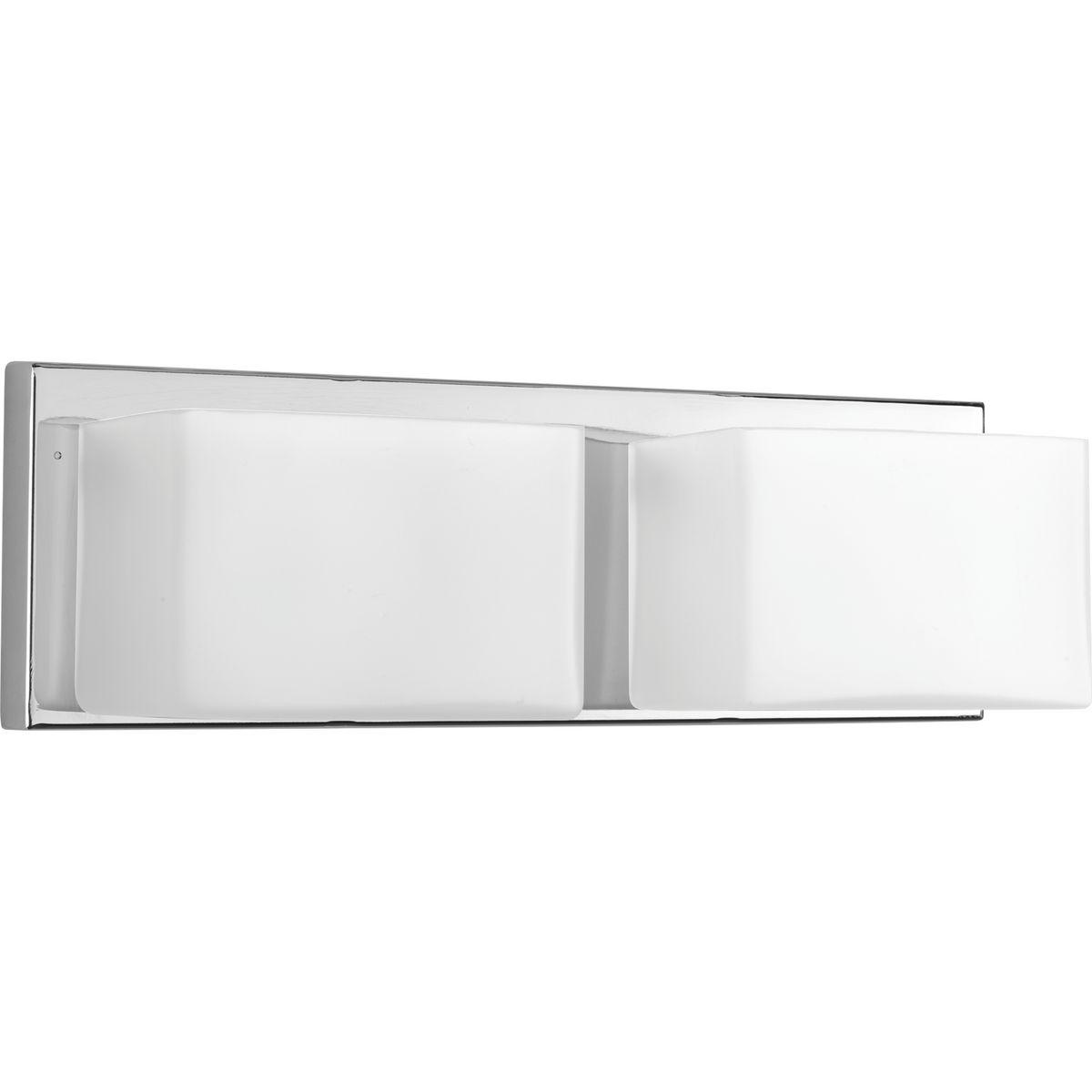 Hubbell P2143-1530K9 Two-Light LED modern wall fixture in Polished Chrome with geometric frosted glass shades and a replaceable LED module. This modern fixture is perfect for the bathroom. 3000K color temperature and 90 plus CRI.  ; Ideal for a bathroom and powder room. ; Per