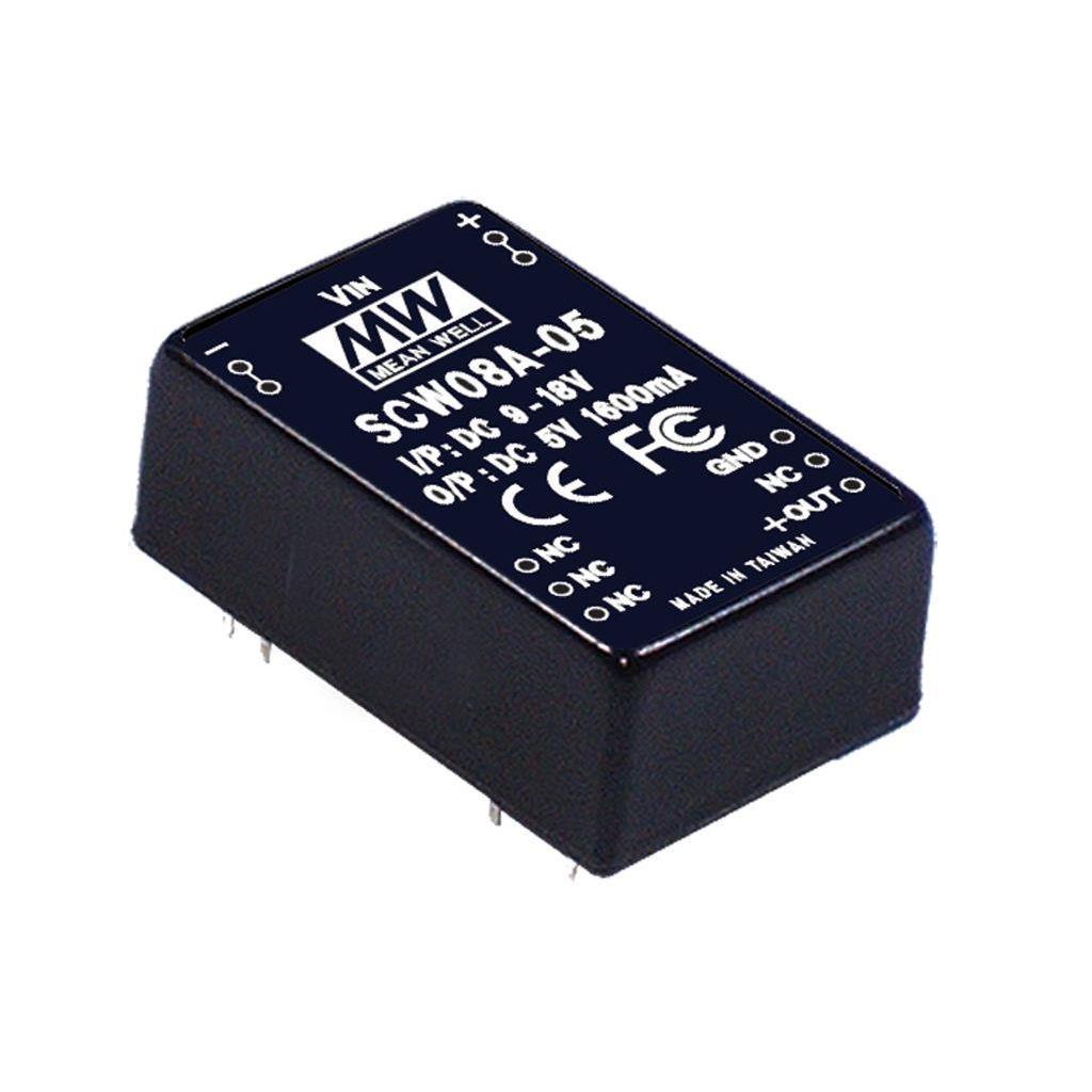 MEAN WELL SCW08A-15 DC-DC Converter PCB mount; Input 9-18Vdc; Output 15Vdc at 0.533A; DIP Through hole package