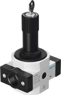 Festo 194637 pressure regulator LRS-3/8-D-O-I-MIDI With increased return flow, with lockable regulator head, working pressure up to 12 bar. Size: Midi, Series: D, Actuator lock: Rotary knob with integrated lock, Assembly position: Any, Design structure: directly-contr