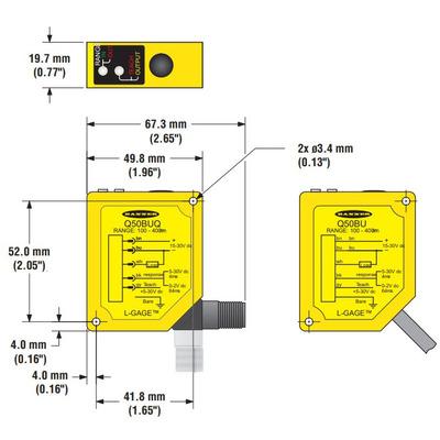 Banner Q50BU W-30 LED linear displacement sensor/transmitter with triangulation system - Banner Engineering (Q series - Q50) - Part #63873 - Sensing range 100...400mm - Infrared (IR) light (880nm) - 1 x analog output (0-10Vdc) - Supply voltage 15Vdc-30Vdc (24Vdc nom.) - Pr