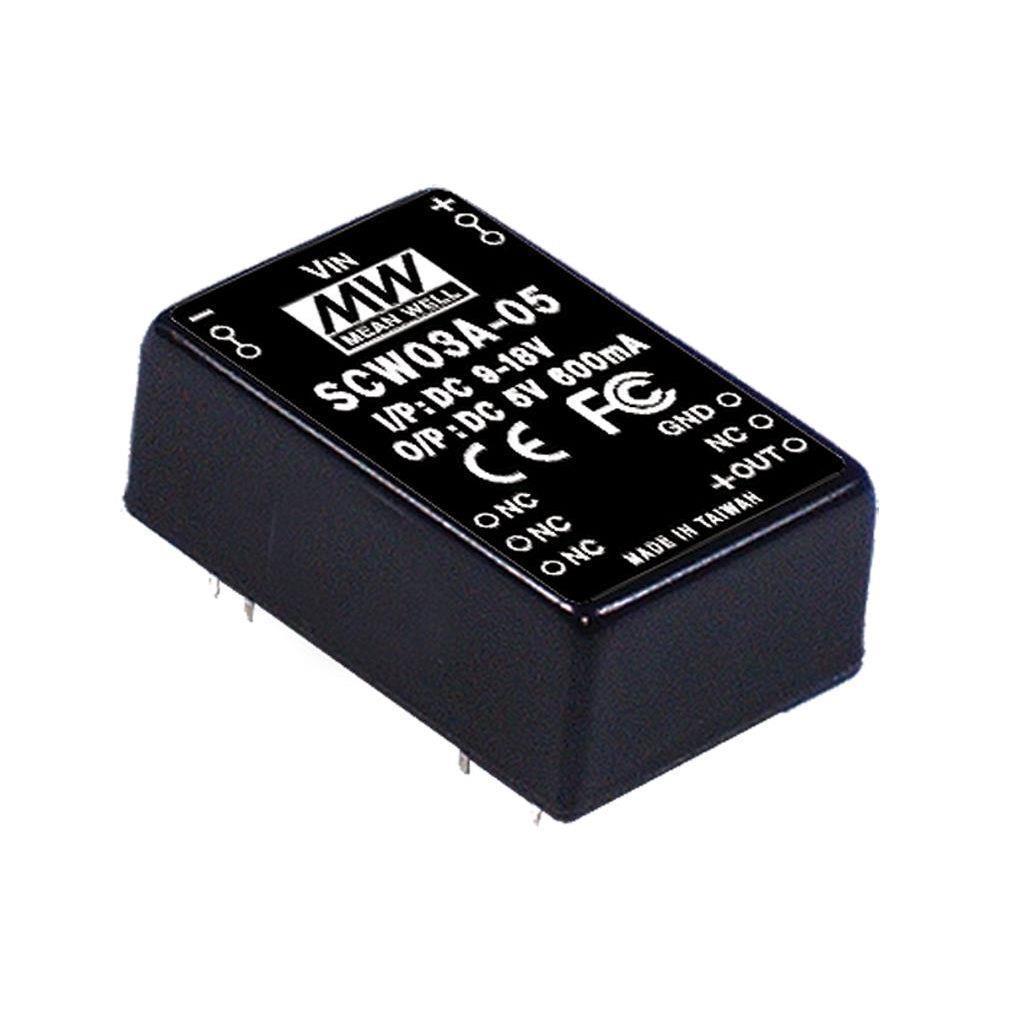 MEAN WELL SCW03C-05 DC-DC Converter PCB mount; Input 36-72Vdc; Output 5Vdc at 0.6A; DIP Through hole package; SCW03C-05 is succeeded by SCWN03C-05.
