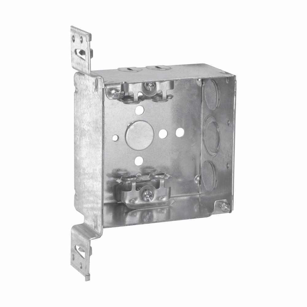 Eaton Corp TP440PF Eaton Crouse-Hinds series Square Outlet Box, (1) 1/2", 4", NM clamps, Welded, 2-1/8", Steel, (2) 1/2", (1) 1/2", (1) 3/4" E, Includes ground screw with pigtail lead, 30.3 cubic inch capacity