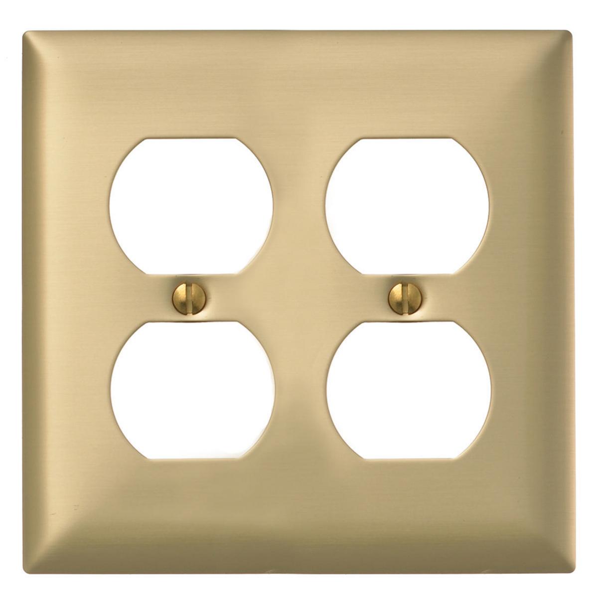 Hubbell SBP82 Wallplates and Boxes, Metallic Plates, 2- Gang, 2) Duplex Openings, Standard Size, Brass  ; Non-magnetic and corrosion resistant ; Finish is lacquer coated to inhibit oxidation ; Protective plastic film helps to prevent scratches and damage ; Protective f