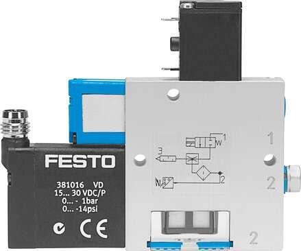 Festo 162512 vacuum generator VADM-45-P Nominal size, Laval nozzle: 0,45 mm, Grid dimension: 10 mm, Design, silencer: closed, Assembly position: Any, Ejector characteristic: High vacuum