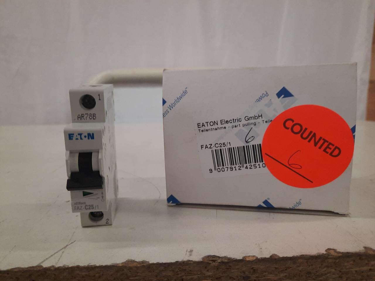 Eaton FAZ-C25/1 277/480 VAC 50/60 Hz, 25 A, 1-Pole, 10 kA, 5 to 10 x Rated Current, Line/Load Terminal, DIN Rail Mount, Standard Packaging, C-Curve, Current Limiting, Thermal Magnetic, Supplementary Protector