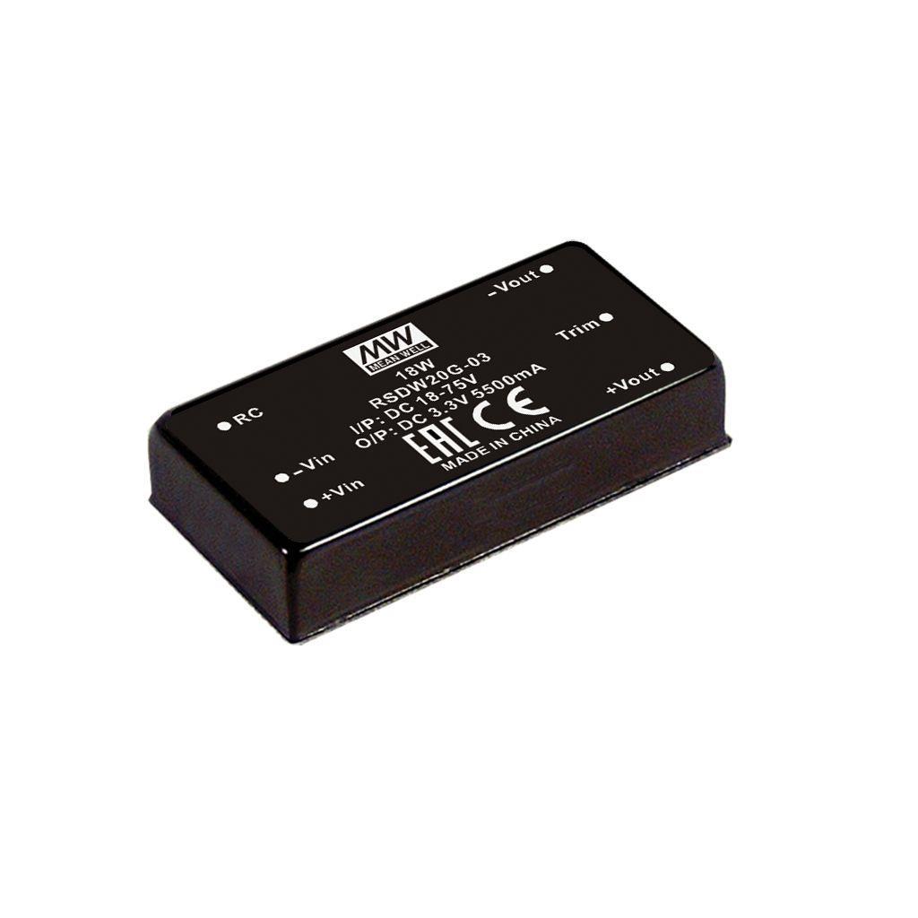 MEAN WELL RSDW20G-15 DC-DC Railway Single Output Converter; Input 18-75VDC; Output 15VDC at 1.33A; 1.5KVDC I/O isolation; DIP Through hole package; Remote ON/OFF