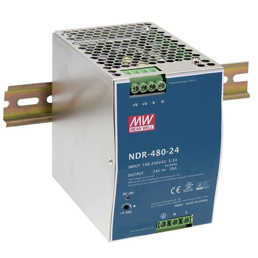 MEAN WELL NDR-480-24 AC-DC Single output Industrial DIN rail power supply; Output 24Vdc at 20A; metal case