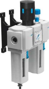 Festo 541469 service unit combination MSB6N-1/2:H3N3M1-WP Consisting of filter, pressure regulator, lubricator and wall mounting plate. 12 bar maximum output pressure, 5 µm filter, with pressure gauge, plastic bowl with plastic bowl guard, manual condensate drain, dir