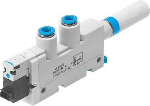 Festo 532640 vacuum generator VN-10-H-T3-PQ2-VQ2-RO1-B With ejector pulse and built-in solenoid valve. Standard, high vacuum, width 14 mm, T shape with plug connector and open silencer. Nominal size, Laval nozzle: 0,95 mm, Grid dimension: 14 mm, Design, silencer: open