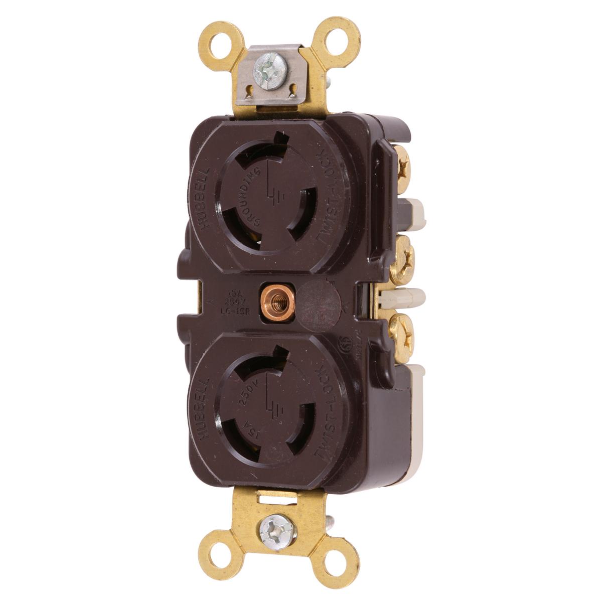 Hubbell HBL4550RT Locking Devices, Twist-Lock®, Industrial, Duplex Receptacle, 15A 250V, 2-Pole 3-Wire Grounding, NEMA L6-15R, Ring Terminal Connection, Brown.  ; Reinforced thermoplastic construction ; Single piece, all brass contacts ; Single point break-off tabs ; Mount