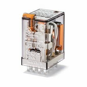 Finder 55.34.9.110.0074 General purpose plug-in electromechanical relay with LED + mechanical indicators - with diode suppressor - Finder (55 Series) - Control coil voltage 110Vdc - 4 poles (4P) - 4C/O / 4PDT (4 Pole Double Throw) contact - Rated current 7A (250Vac; AC-1) / 7A (