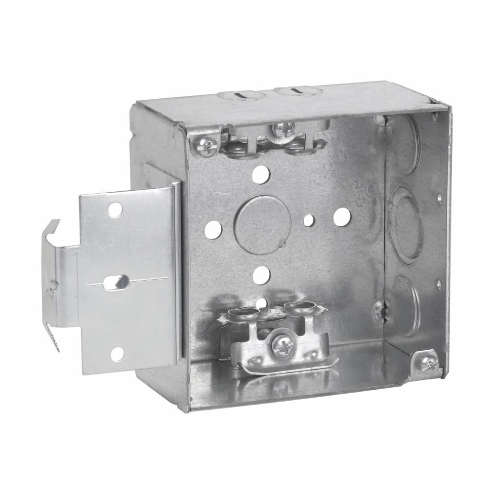 Eaton Corp TP450MSB Eaton Crouse-Hinds series Square Outlet Box, (1) 1/2", 4", MSB, NM clamps, Welded, 2-1/8", Steel, (4) 1/2", (2) 1/2", (1) 3/4" E, 30.3 cubic inch capacity