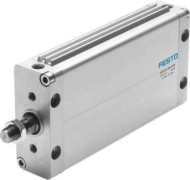 Festo 161314 flat cylinder DZF-63-125-A-P-A Non-rotating, for position sensing, with elastic cushioning rings in end positions. Various mounting options, with or without additional mounting components. Stroke: 125 mm, Piston diameter: (* 63 mm, * Equivalent diameter),