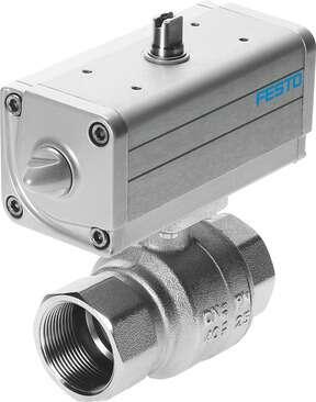 Festo 540515 ball valve actuator unit VZPR-BPD-22-R114 Brass, with double-acting actuator DAPS 2/2-way, nominal width 11/4", PN40, thread EN 10226-1. Design structure: (* 2-way ball valve, * Swivel drive), Type of actuation: (* electrical, * pneumatic), Assembly posit