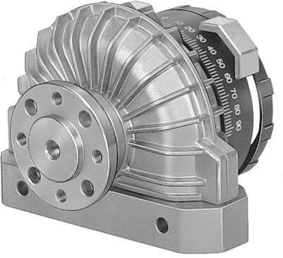 Festo 30658 semi-rotary drive DSRL-40-180-P-FW Rotary vane principle, infinitely adjustable swivel angle. The stop system is separate from the rotary vane so that any forces which occur are absorbed by the stop cams and cushioned via flexible plastic pads. Size: 40, 