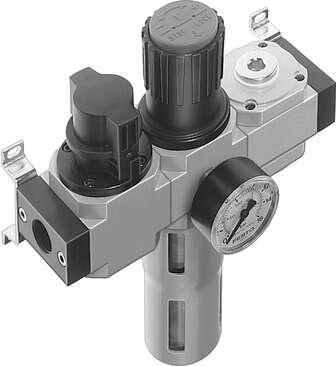 Festo 185722 service unit LFR-1/4-D-MINI-KB-A consisting of manual on/off valve, filter regulator and distributor module, with mounting brackets. With automatic condensate drain. Size: Mini, Series: D, Actuator lock: Rotary knob with lock, Assembly position: Vertical 