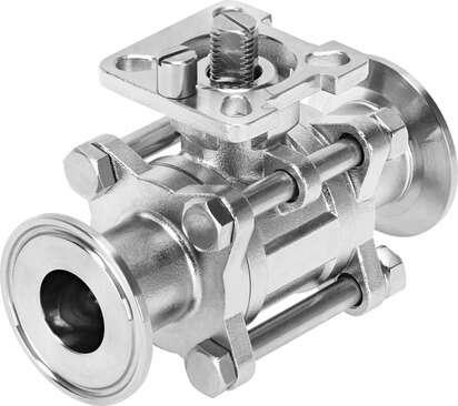 Festo 4802248 ball valve VZBD-11/2-S5-16-T-2-F0507-V14V14 Stainless steel for use in the cosmetics and pharmaceutical industry, 2/2-way, nominal width 11/2", top flange F0507, PN16, clamp ferrule to DIN 32676-B, electropolished. Design structure: 2-way ball valve, Type