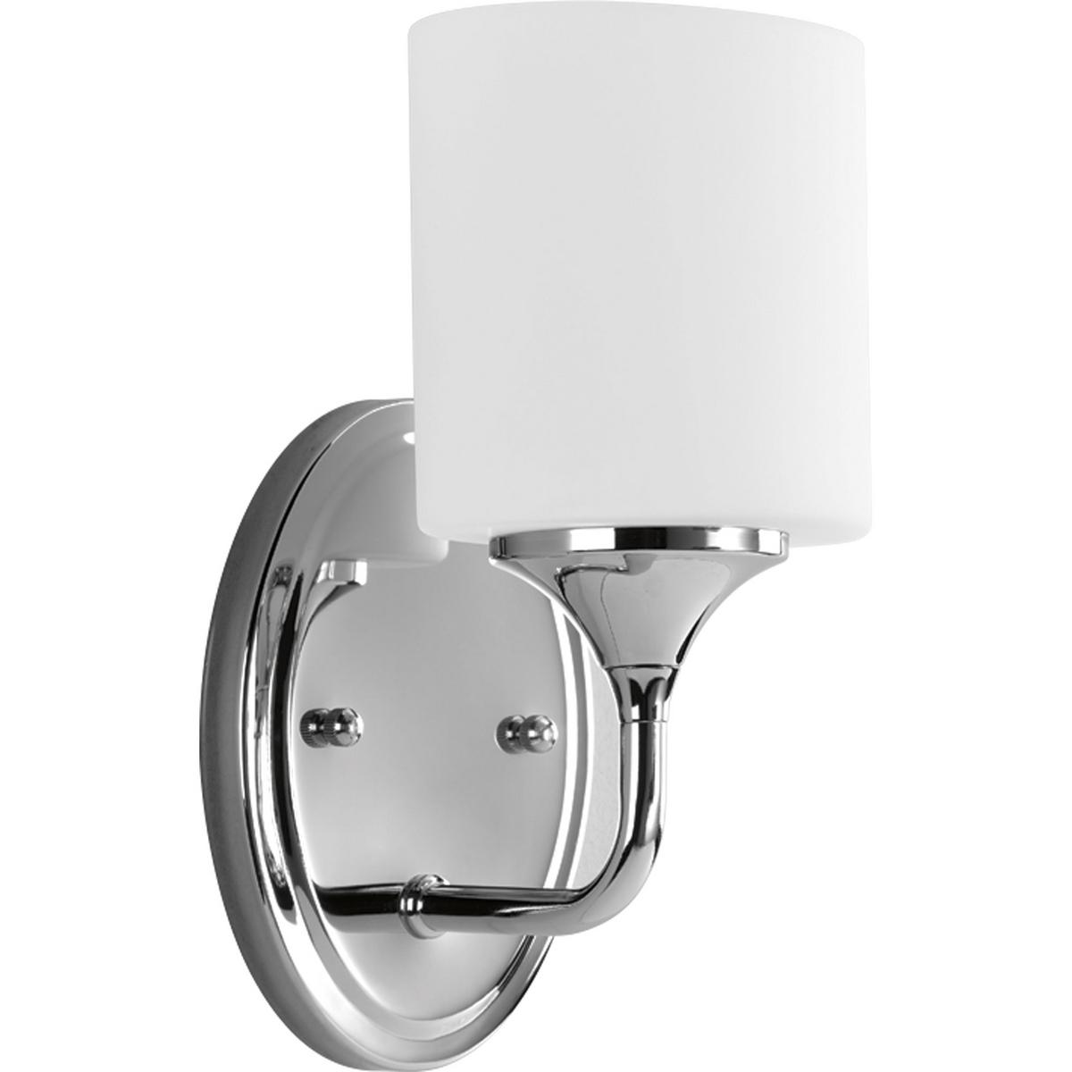 Hubbell P2801-15 With a youthful, yet timeless flair, the Lynzie Collection brightens your day with its simplicity. This one-light bath fixture with an etched, white, oval shaped glass shade held upright by a delicate classic Chrome finished arm portray the simple styling