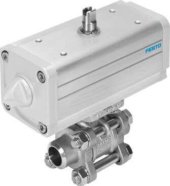 Festo 1810732 ball valve actuator unit VZBA-1/2"-WW-63-T-22-F0304-V4V4T-PP15-R- 2/2-way, flange hole pattern F0304, welded end. Design structure: (* 2-way ball valve, * Swivel drive), Type of actuation: pneumatic, Assembly position: Any, Mounting type: Line installatio