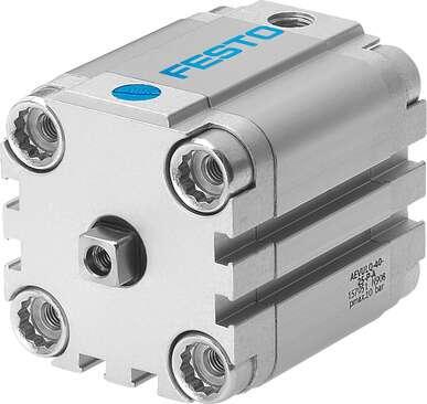 Festo 157054 compact cylinder AEVULQ-50-20-P-A For proximity sensing. Secured against rotation by means of square piston rod. Stroke: 20 mm, Piston diameter: 50 mm, Cushioning: P: Flexible cushioning rings/plates at both ends, Assembly position: Any, Mode of operation