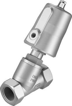 Festo 3539783 angle seat valve VZXF-L-M22C-M-B-G1-240-M1-V4B2T-50-10 Pneumatically actuated angle seat valve in stainless steel. Under seat version, safety position closed, G thread, nominal width 1". Design structure: Poppet valve with piston actuator, Type of actuati